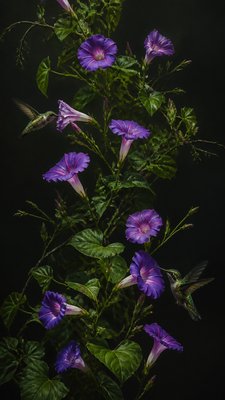 a climbing vine of flowers and hummingbirds on a dark background, tall wrapping composition, no text