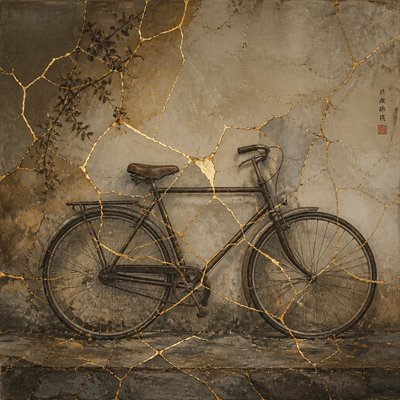 bicyle resting against a wall