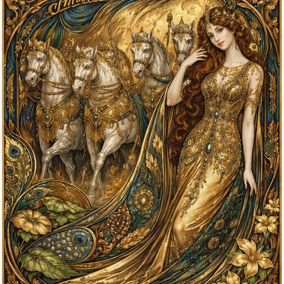 I have compared thee, O my love, to a company of horses in Pharaoh's chariots. 
(Song of Solomon 1:9 KJV) in the style of Gustav Klimt,shimmering gold patterns,"elaborate symbolic designs,symbolic and allegorical composition
