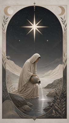 a robed figure pouring water beneath a large eight-pointed star in a night sky, symmetrical composition with an ornate decorative border, no text