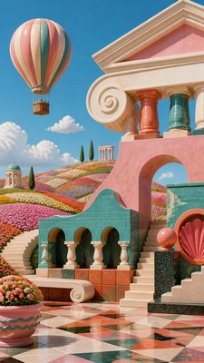 a hot air balloon drifting over rolling flower fields on a sunny day, cheerful, no text