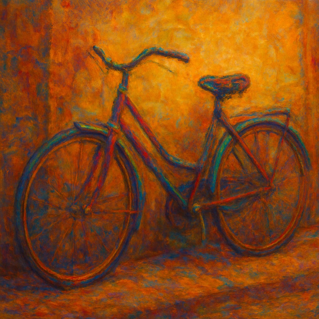 bicyle resting against a wall