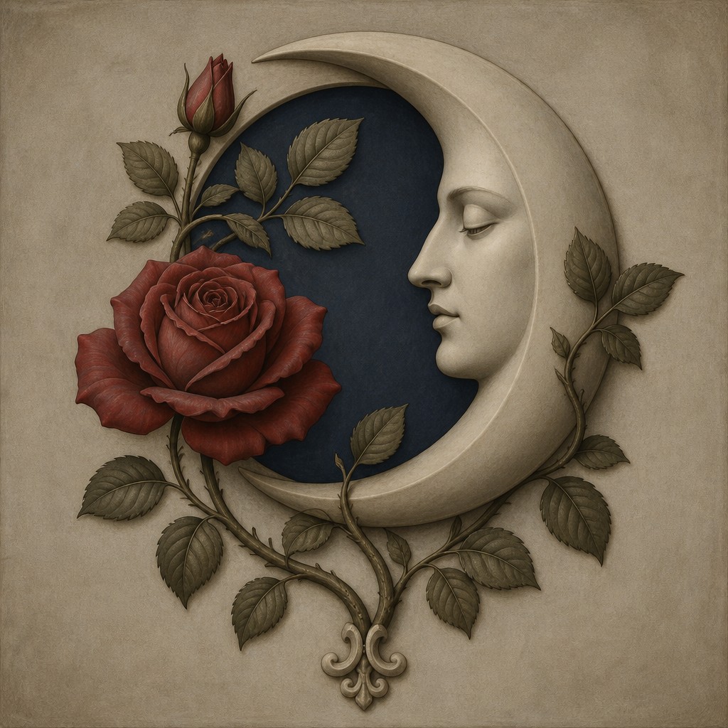 a rose entwined with a crescent moon, clean balanced composition on a plain background, no text