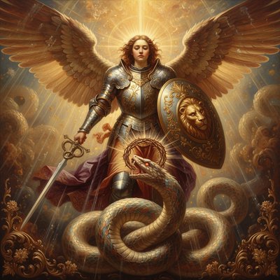 An Angel of God standing with full armor, sword, and shield, with massive wings, in front of a great serpent