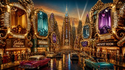 bustling city street panorama at dusk