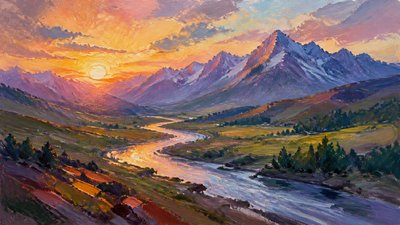 a vast valley with a river winding toward distant mountains at sunrise, no people, no text
