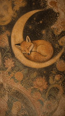 a sleeping baby fox curled on a crescent moon among soft stars, gentle and warm, no text