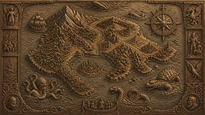 a map of an island realm with mountains, forests, a sheltered bay, sea monsters in the water and a compass rose, no text labels