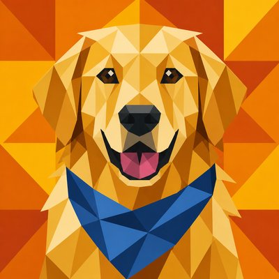 portrait of a golden retriever wearing a blue bandana, warm plain backdrop, no text