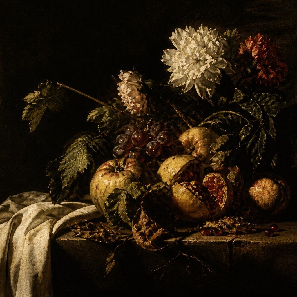 still life arrangement of fruits and flowers