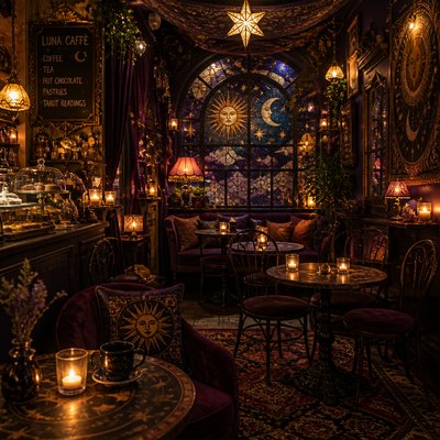 cozy cafe interior with warm lighting