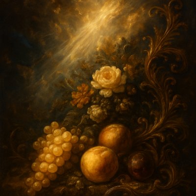 still life arrangement of fruits and flowers