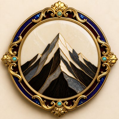 an emblem of a mountain peak inside a circle, simple bold shapes on a plain background, no text or lettering