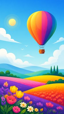 a hot air balloon drifting over rolling flower fields on a sunny day, cheerful, no text