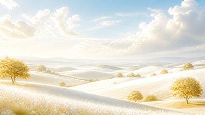 rolling hills with scattered trees under a big dramatic sky, no people