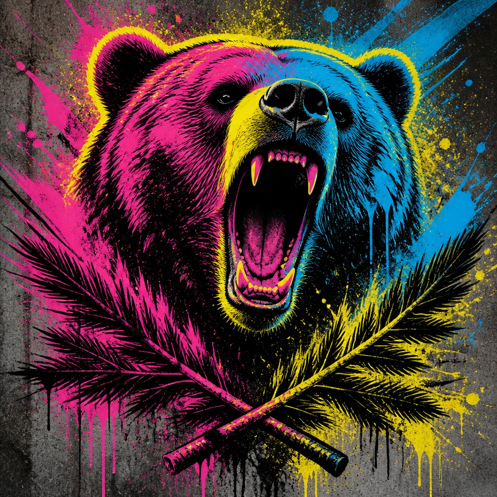 a roaring bear head above crossed pine branches, bold graphic composition on a plain background, no text