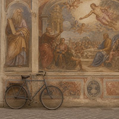 bicyle resting against a wall