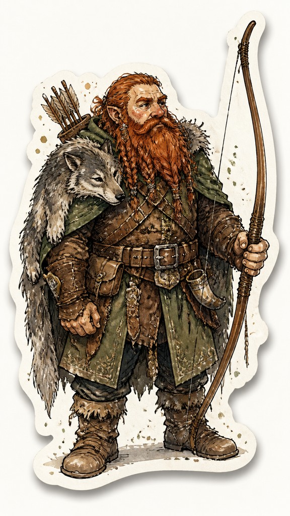 full-body original character: a dwarven ranger with a braided auburn beard, worn leather armor, a longbow and a wolf-pelt cloak, neutral background, no text