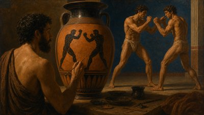 Greek ignudi vase painter observing two greek  boxers standing with arms raised