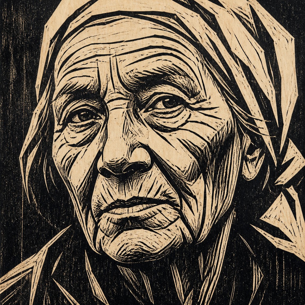 close-up portrait of an elderly person with expressive weathered features — Woodcut Print Style