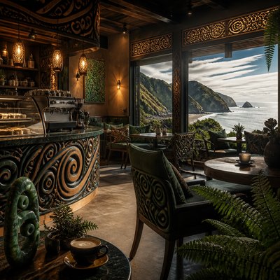 cozy cafe interior with warm lighting
