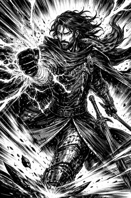 a black and white drawing of a man with a sword