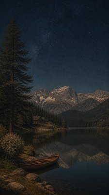 a tranquil mountain lake beneath a starry night sky, no people, no text