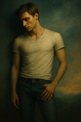 a painting of a man in a white shirt