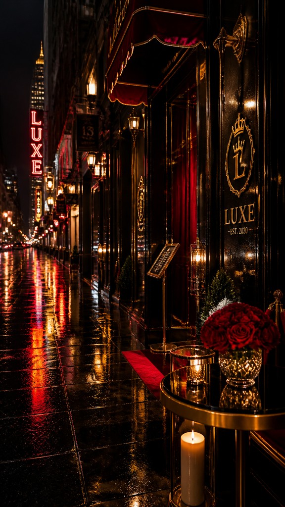 a quiet rainy city street at night reflecting neon signs, no people