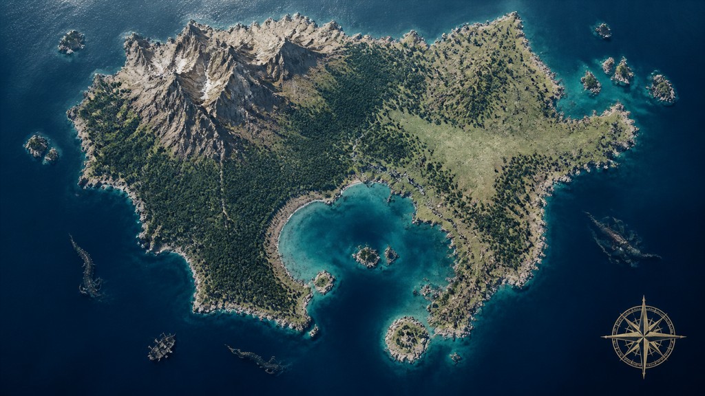 a map of an island realm with mountains, forests, a sheltered bay, sea monsters in the water and a compass rose, no text labels