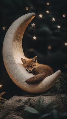 a sleeping baby fox curled on a crescent moon among soft stars, gentle and warm, no text