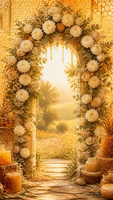 an arch of white roses and eucalyptus in soft morning light, elegant vertical composition with open space, no text