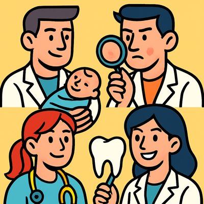 Generate obstetricus man, dermatologist, pediatrist girl, and dentistry girl in one abstract image