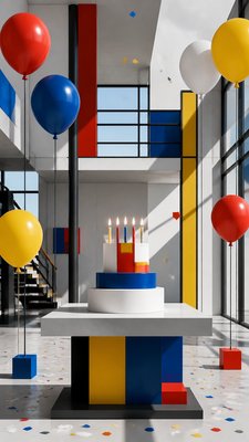 a birthday cake with lit candles surrounded by balloons and confetti, festive vertical composition, no text