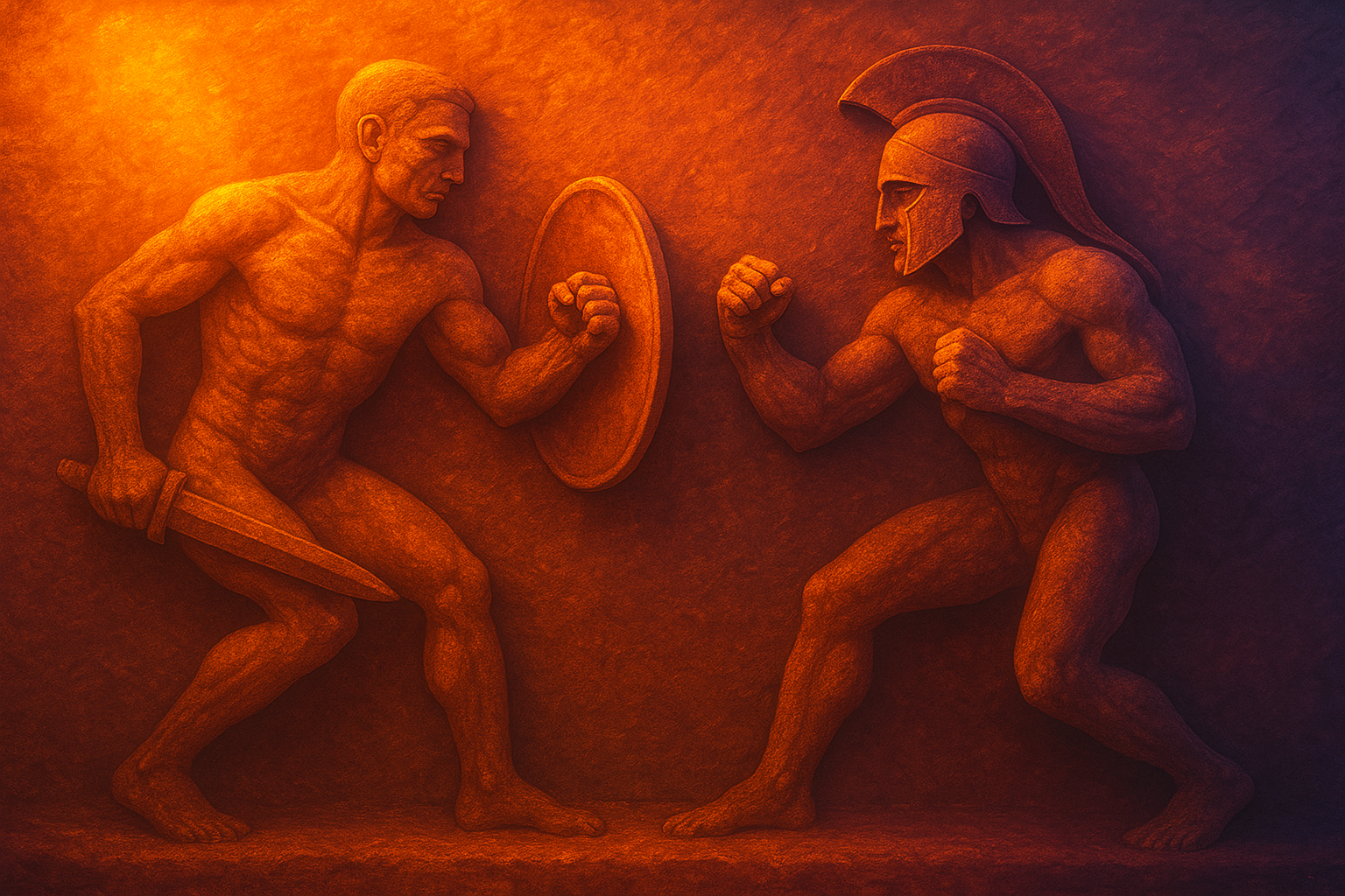 a painting of two men fighting in front of a mirror