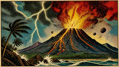 an erupting volcano with lightning strikes, dramatic wide composition, no text