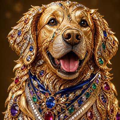 portrait of a golden retriever wearing a blue bandana, warm plain backdrop, no text