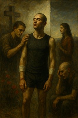 a painting of a man standing in front of a cross