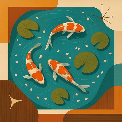 A koi pond seen from above, orange and white koi fish swimming among lily pads, clear water with subtle ripples, fallen cherry blossom petals floating on the surface, dappled sunlight