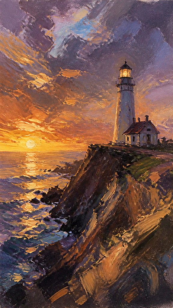 a lone lighthouse on a cliff at dusk under a dramatic sky, no text or lettering
