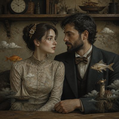 portrait of two people together — Magical Realism Art Style