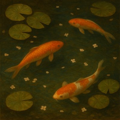 A koi pond seen from above, orange and white koi fish swimming among lily pads, clear water with subtle ripples, fallen cherry blossom petals floating on the surface, dappled sunlight