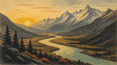 a vast valley with a river winding toward distant mountains at sunrise, no people, no text