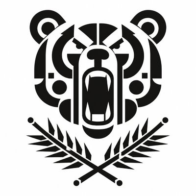 a roaring bear head above crossed pine branches, bold graphic composition on a plain background, no text