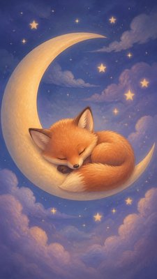 a sleeping baby fox curled on a crescent moon among soft stars, gentle and warm, no text