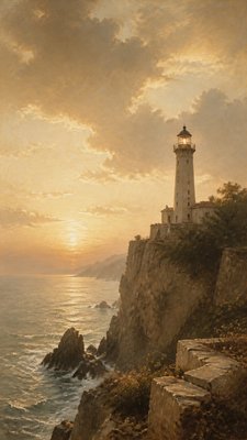 a lone lighthouse on a cliff at dusk under a dramatic sky, no text or lettering