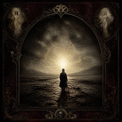 a solitary figure walking toward a glowing horizon across an empty plain, moody atmosphere, no text or lettering