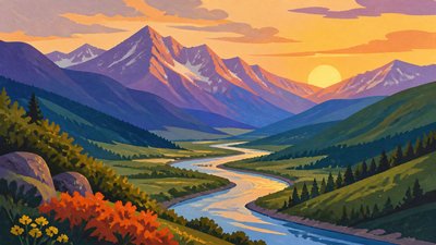 a vast valley with a river winding toward distant mountains at sunrise, no people, no text
