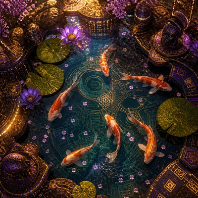 A koi pond seen from above, orange and white koi fish swimming among lily pads, clear water with subtle ripples, fallen cherry blossom petals floating on the surface, dappled sunlight