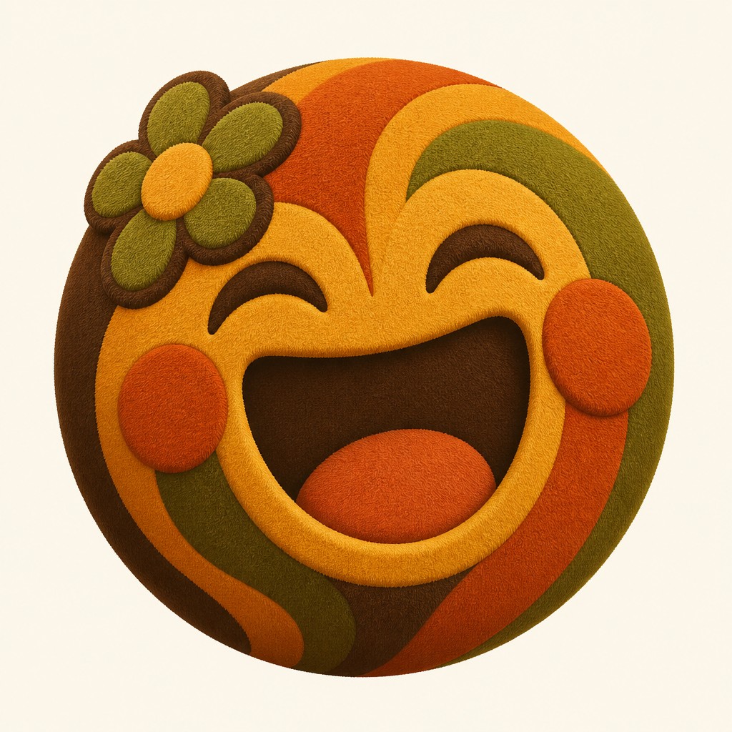 an exaggerated laughing face of an original round mascot character, bold and readable at small size, plain background, no text